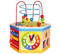 Bino World of Toys Combi Motor Cube 7+1, Juguete para niños a Partir de 1 año (Juguete Motor con Siete Formas de Juego, Juguete de Madera, fomenta la motricidad Fina), Multicolor