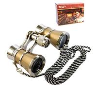 Binoculares de ópera HQRP 3 x 25, tecnología Crystal Clear Optic (CCO), dorados con bordes plateados, con cadena de collar y enfoque central.