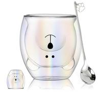 Binoster Lindas tazas de vidrio de doble pared, taza de café de vidrio de oso kawaii, taza de leche, taza divertida de animales, taza estética para oficina y regalo personal de cumpleaños (oso