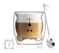 Binoster Taza de té de cristal de gato oso botella tazas, taza linda,vasos de doble pared taza de café expreso, taza de leche, cumpleaños de oficina y personal (oso feliz)