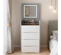 binularg Escritorio de tocador con espejo iluminado LED, juego de tocador con taburete acolchado y armario de 3 cajones, escritorios multifuncionales, mesita de noche (A)