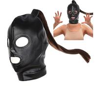 binxliuxo 1PC Black Leather Head Hood Mask With Detachable Wig Punk Headgear Full Face Mask for Halloween Valentine's Day Party Cosplay