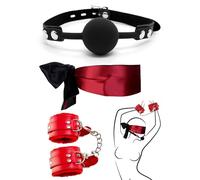 binxliuxo 3PCS Handcuffs for Grownups Bedroom, Silicone Mouth Ball Adjustable Blindfold Eye Mask for Women