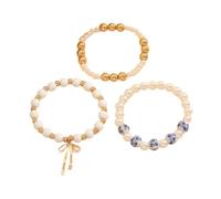 binxliuxo 3PCS Trendy Gold Bracelets for Women- Bow Charm Stretch Beaded Bracelet,Dainty Flower Bead Charm Bracelet Stack Gold Vintage Handmade Stretch Bracelets Romantic Jewelry Gift.