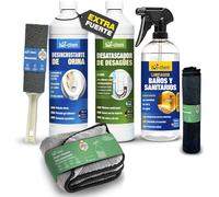 Bio-Chem - Detergentes baño con accesorios - Desatascador de desagües 1 l - Limpiador de cal y orina 1 l - Producto para superficies de baño 750 ml - Profi Set 6 productos