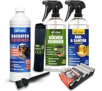 Bio-Chem - Profi Set 6 productos y accesorios para la limpieza de cocinas - Limpiador de hornos, ollas y sartenes - Productos para el cuidado de cocinas - Paño y esponja de microfibra