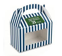 Bio Tek - Cajas a dos aguas de 6 x 3.5 x 3.5 pulgadas para recuerdos de fiesta, 25 cajas de regalo duraderas a rayas, ventana transparente, asa integrada, cajas de granero de papel azul y blanco,