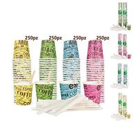Bioaiks 1000 vasos de café de papel con paletas de madera - repuesto para oficina, 4 colores, 75 ml