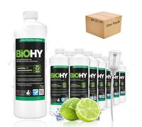 BiOHY Detergente para lavavajillas comercial (12 botellas de 1 litro) + Dosificador | Fórmula para disolver el las grasas | Apto para gastronomía, industria y hogares (Geschirrreiniger)