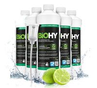 BiOHY Detergente para lavavajillas comercial (6 botellas de 1 litro) + Dosificador | Fórmula para disolver el las grasas | Apto para gastronomía, industria y hogares (Geschirrreiniger)