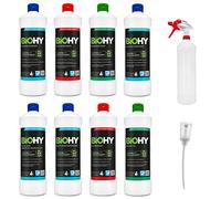 BiOHY Juego completo de detergente con dosificador y botella de spray de 1 l (8 x 1 L), limpiador de baño, ventanas y suelos, potente y eficiente, limpiador orgánico sostenible
