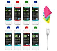 BiOHY Juego completo de productos de limpieza con dosificador y 4 paños de microfibra (8 x 1 L), limpiador de baño, ventanas y suelos, potente y eficiente, limpiador orgánico sostenible