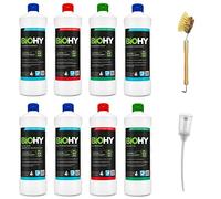 BiOHY Juego completo de productos de limpieza con dosificador y cepillo para lavar platos (8 x 1 L), limpiador de baño, ventanas y suelos, potente y eficiente, limpiador orgánico sostenible