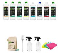 BIOHY Juego de combinación de Productos de Limpieza dispensador, fichas Todo en uno, 2 Botellas de Spray de Cristal de 500 ml, 4 paños de Microfibra (8 x 1 L) para Todas Las áreas de aplicación
