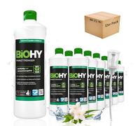 BiOHY Limpiador de parqué (12 botellas de 1 litro) + Dosificador | Ideal para parqué sellado | Cuidado del material para una limpieza sin rayas | Evitar la humedad de pie (Parkettreiniger)