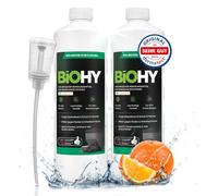BiOHY Limpiador de robots aspiradores con aroma a naranja (2 botellas de 1 litro) + Dosificador | Especialmente desarrollado para estaciones de limpieza | Prolonga la vida útil de la estación