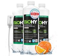 BiOHY Limpiador de suelos para robot con aroma a naranja (3 x 1 litro) + dosificador | detergente concentrado para todos los robots de fregona | bajo espuma y sin rayas | concentrado sostenible 1:200