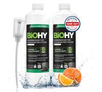 BiOHY Limpiador de suelos para robot de limpieza con aroma a naranja (2 x 1 litro) + dosificador, concentrado de limpieza para todos los robots de limpieza con función húmeda, sin espuma ni rayas