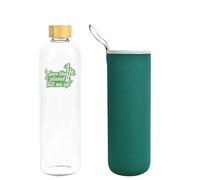Bioidea Botella de Agua Cristal 1,5 L 1500 ML con Tapa de Bambú Vidrio Borosilicato con Funda Neopreno Verde Ecológica Save the planet fill me up Reciclable Reutilizable Libre de Tóxicos sin BPA