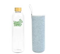 Bioidea Botella de Agua Cristal 1,5 L 1500 ML con Tapa de Bambú Vidrio Borosilicato con Funda Neopreno Gris Ecológica Save the planet fill me up Reciclable Reutilizable Libre de Tóxicos sin BPA