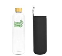 Bioidea Botella de Agua Cristal 1,5 L 1500 ML con Tapa de Bambú Vidrio Borosilicato con Funda Neopreno Negra Ecológica Save the planet fill me up Reciclable Reutilizable Libre de Tóxicos sin BPA