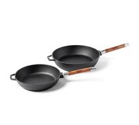 BIOL Juego de sartenes de hierro fundido, 24 cm + 26 cm, 2 piezas, con mangos de madera extraíbles, aptas para inducción, gas, vitrocerámica, parrilla y horno