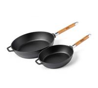 BIOL Juego de sartenes de hierro fundido, 24 cm + 28 cm, 2 piezas, con asas de madera extraíbles, aptas para inducción, gas, parrilla y horno