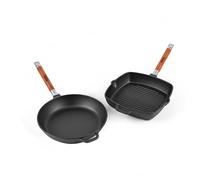 BIOL Juego de sartenes de hierro fundido con parrilla, redondas y cuadradas, con asas de madera extraíbles, aptas para inducción, gas, vitrocerámica, parrilla y horno (juego de 28 cm de sartén +