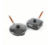 BIOL Juego de sartenes de hierro fundido con parrilla, redondas y cuadradas, con asas de madera extraíbles, (parent) (Sartén de 28 cm + sartén grill de 26 cm con tapas)