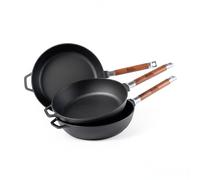 BIOL Juego de sartenes de hierro fundido de 24 cm + 26 cm + 28 cm - 3 piezas - con mangos de madera extraíbles - para inducción, gas, parrilla y horno
