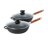 BIOL Juego de sartenes de hierro fundido de 24 cm + 26 cm con tapas de cristal, 2 piezas, con mangos de madera extraíbles, aptas para inducción, gas, vitrocerámica, parrilla y horno