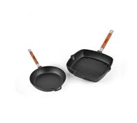 BIOL Juego de sartenes de hierro fundido de 24 cm + sartén de 26 cm - 2 piezas - Redondas y cuadradas - Con mangos de madera extraíbles - Para inducción, gas, vitrocerámica, parrilla y horno