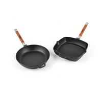 BIOL Juego de sartenes de hierro fundido de 26 cm + sartén de 26 cm, 2 piezas, redondas y cuadradas, con asas de madera extraíbles, aptas para inducción, gas, vitrocerámica, parrilla y horno