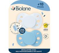 BIOLANE- Chupete anatómico- Chupetes extra finos- 18 meses y más- Azul bicolor- Tetina plana y reversible- Comodidad óptima- Respeto al desarrollo bucal- Materiales seguros y duraderos