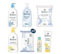 BIOLANE - Kit de nacimiento para bebés - 216 toallitas - Agua pura - Gel Lavant - Liniment - Crema change - Estuche para bebé, piel sensible - Fabricado en Francia