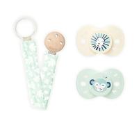 BIOLANE - Set de 2 chupetes anatómicos y portaleteras Verde - 6 a 18 meses - Beige y Verde - Tetina de goma natural - Respeto por el desarrollo bucal- Suave y cómodo