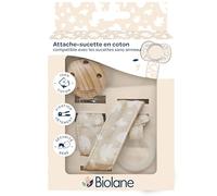 BIOLANE - Sujeción para chupete anatómico, tejido 100% algodón, color beige, fijación de silicona, clip de madera y metal, doble seguridad y antideslizante