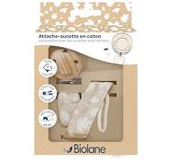 BIOLANE - Sujeción para chupete con anillo - Tejido 100% algodón - Beige - Fijación de cordón - Clip de madera y metal - Doble seguridad y antideslizante