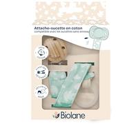 BIOLANE - Sujeción para chupete sin anillo, tejido 100% algodón, color verde menta, fijación de silicona, clip de madera y metal, doble seguridad y antideslizante