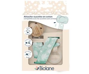 BIOLANE - Sujetador para chupete anatómico, tejido 100% algodón, color verde menta, fijación de silicona, clip de madera y metal, doble seguridad y antideslizante