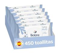 Biolane - Toallitas de agua H2O Bebé, 450 Toallitas (6 Paquetes de 75 Unidades), 99% Ingredientes Naturales, Fibras 100 % Vegetales, Bebés y recién nacidos, Piel Sensible, Fabricadas en España