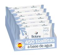 BIOLANE - Toallitas H2O bebé - 450 Toallitas - 6 Paquetes de 75 Unidades | 99% de Origen Natural, Limpian y Protegen, Fibras 100% Vegetales, Desde el nacimiento, Fabricado en España