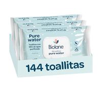 Biolane - Toallitas Pure Water Bebé, 144 Toallitas (3 Paquetes de 48 Unidades), 99 % Agua Purificada, Solo 4 Ingredientes, Sin Perfume, Piel Sensible, Bebés y recién nacidos, Fibras 100 % Vegetales