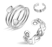 BioMag 2 anillos de cobre para drenaje linfático para mujer en diferentes diseños, anillo magnético de cobre puro con imán ultra fuerte 10X, joyería ajustable en caja de regalo (10X plateado)