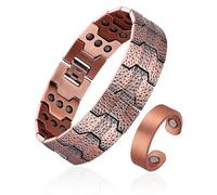 BioMag Juego de pulsera y anillo de cobre para hombre, 3 veces de fuerza, 99,99 % cobre puro, pulsera magnética con potentes imanes de 3800 Gauss (diseño de patrón de martillo)