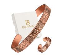 BioMag Juego de pulsera y anillo de cobre puro, pulsera de cobre para hombres y mujeres, 100% sólido, crudo y sin revestimiento, hecho a mano martillado tibetano (diseño floral)