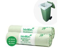bioMat Bolsas de Basura 80 litros Compostables, 20 Bolsas para Cubo de Basura Orgánica y Reciclaje, Neutralidad Climática, Fabricado en Alemania