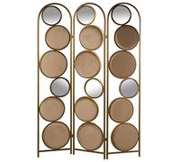 Biombo de 3 Hojas de Metal Doble Cara con círculos tapizados y Espejos en Beige 20x40x80cm