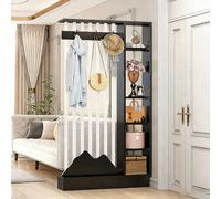 Biombo de madera para hall de entrada con perchero, pantalla de privacidad espacio de almacenamiento en varios niveles, separador independiente decoración de entrada(Black+White,140cm/55.1in)