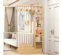 Biombo de madera para hall de entrada con perchero, pantalla de privacidad espacio de almacenamiento en varios niveles, separador independiente decoración de entrada(Light Walnut+White,140cm/55.1in)
